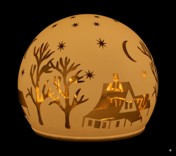 Kremowa ceramiczna lampka nocna w kształcie kuli z zimowym wzorem domu, drzew i gwiazd, świecąca ciepłym światłem.