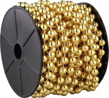 Złota girlanda z okrągłych, błyszczących koralików, nawinięta na czarną szpulę, widok pod kątem.