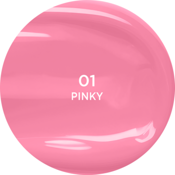 Błyszcząca pomadka winylowa Eveline Vinylove 01 Pinky. Różowa, okrągła forma z połyskiem, na ciemnym tle.