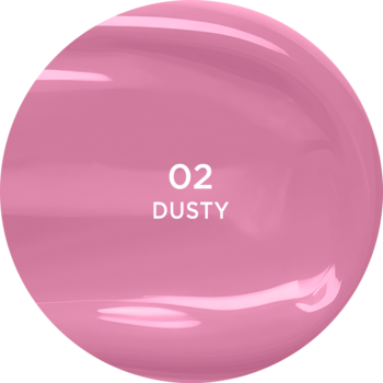 Eveline Vinylove pomadka, odcień 02 Dusty, okrągła, jasnoróżowa plamka z winylowym połyskiem i napisem.