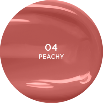 Pomadka winylowa Eveline Vinylove, odcień 04 Peachy. Błyszczący, okrągły wzornik koloru z bliska.