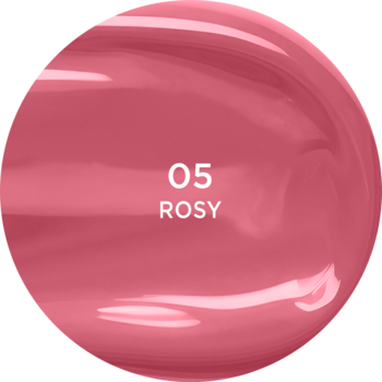 Eveline Vinylove pomadka w płynie, odcień 05 Rosy. Bladoróżowa tafla o winylowym połysku, z cyframi 05 i napisem ROSY.