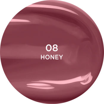 Zbliżenie sferycznej kropli winylowej pomadki Eveline Vinylove w odcieniu Honey, z numerem 08, o intensywnym połysku.