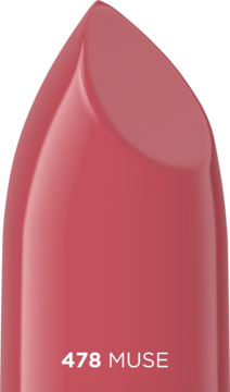 Bliskie ujęcie pomadki Eveline Celebrity Lips 478 Muse, różowo-koralowej, satynowej. Widoczny napis "478 MUSE".