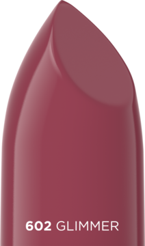 Zbliżenie na satynową pomadkę Eveline Celebrity Lips 602 Glimmer w odcieniu intensywnego różu, widok pod kątem.