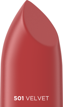 Zbliżenie na pomadkę matową Eveline Celebrity Lips 501 Velvet. Czerwono-różowy sztyft z widoczną nazwą.
