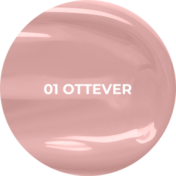 Jasnoróżowa, błyszcząca kula z napisem '01 OTTEVER', symbolizująca odcień pomadki Ottever Stars.