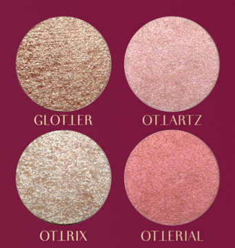 Paleta Stars Otternity ShockLighter. Cztery okrągłe toppery do powiek: złoty, różowy, szampański i koralowy brokat. Bordowe tło.