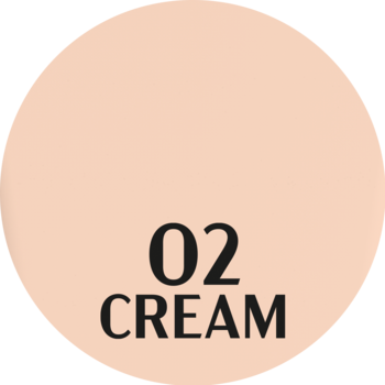 Okrągły swatch satynowego podkładu Stars Otternity, odcień 02 Cream, jasnobeżowy z napisem 02 CREAM.