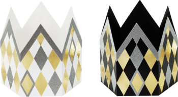 Zestaw 2 papierowych koron z wzorem złotych i srebrnych rombów oraz zygzaków: biała i czarna.