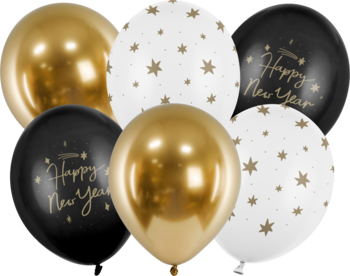 Balony Strong, zestaw 6 sylwestrowych: 2 białe w gwiazdki, 2 czarne "Happy New Year", 2 złote metaliczne.