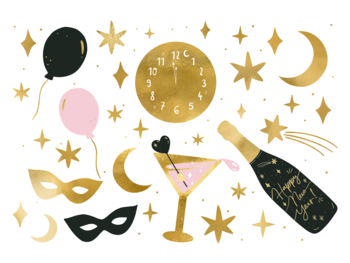 Zestaw tatuaży zmywalnych New Year's Eve: złoty zegar, gwiazdy, balony, maski i szampan, mix wzorów i kolorów.