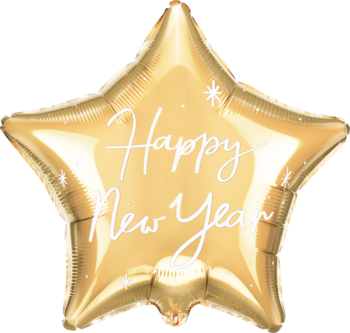 Złoty balon foliowy w kształcie gwiazdki z białym napisem "Happy New Year" i drobnymi iskierkami, widok z przodu.
