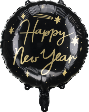Czarny okrągły balon foliowy Happy New Year ze złotym napisem i gwiazdami, widok z przodu.