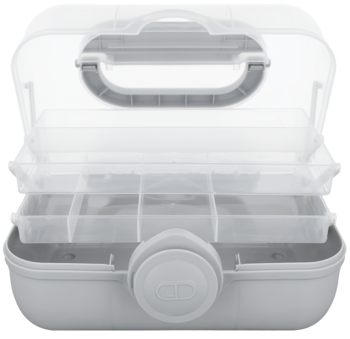 ELOY organizer rozkładany AP070, szaro-przezroczysty, z wysuwanymi poziomami i uchwytem, widok z przodu.