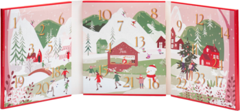 Tea Advent Calendar Snow Wonderland, rozłożony, z grafiką zimowej krainy, domkami, górami i złotymi numerami.
