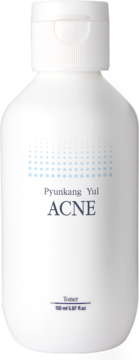 Biała butelka toniku Pyunkang Yul Acne do cery trądzikowej, 150ml, z niebieskim napisem, widok z przodu.
