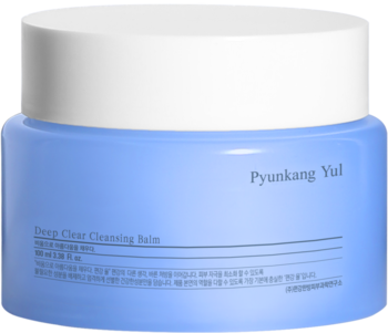 Pyunkang Yul Deep Clear Cleansing Balm, błękitny słoik z białą nakrętką, widok z przodu i góry.