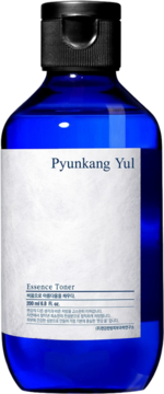 Pyunkang Yul Essence Toner, niebieska butelka 200ml, z czarną nakrętką i białą etykietą, widok z przodu.