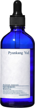 Pyunkang Yul Moisture Ampoule, niebieska szklana butelka z czarnym zakraplaczem, widok z przodu.