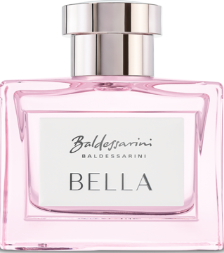 Baldessarini Bella, kwiatowo-orientalna woda perfumowana, różowa butelka ze srebrnym korkiem, widok z przodu.
