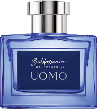 Baldessarini Uomo woda toaletowa w prostokątnej, przezroczystej niebieskiej butelce ze srebrną zakrętką, widok z przodu.
