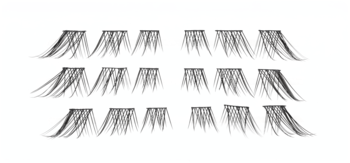 Foxy Lashes: gotowe kępki rzęs dla efektu foxy eye, 9 sztuk w trzech rzędach na białym tle.