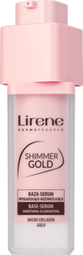 Lirene Shimmer Gold baza-serum wygładzająco-rozświetlająca w różowej butelce z pompką, widok z przodu.