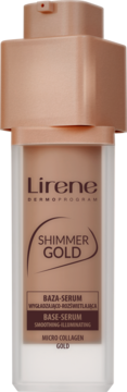 Lirene Shimmer Gold Baza-Serum w złotym flakonie z pompką, widok z przodu. Wygładza i rozświetla skórę.