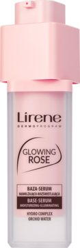Lirene Dermoprogram Glowing Rose baza-serum w różowej butelce z dozownikiem, nawilżające i rozświetlające, widok z przodu.