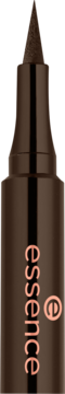 Pionowe zbliżenie na długotrwały, brązowy eyeliner w pisaku essence 020. Widoczna precyzyjna filcowa końcówka.