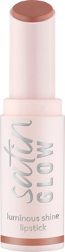 Nude pomadka Essence Satin Glow Luminous Shine "Whole Latte Love" wysunięta z jasnej tubki, satynowe wykończenie.