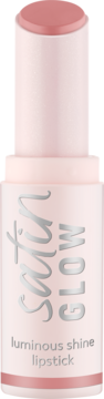 Różowa szminka Satin Glow Luminous Shine, wysunięty sztyft, widok z przodu. Jasnoróżowe opakowanie z srebrnym napisem.
