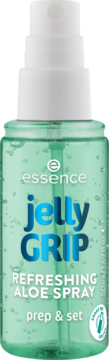 Essence Jelly GRIP Refreshing Aloe Spray 50ml, zielona butelka, z bąbelkami, prep & set, widok z przodu.