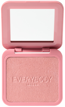 Róż rozświetlający Everybody London Berry Pearl w otwartej różowej puderniczce z lusterkiem, widok z góry.