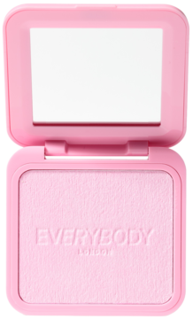 Rozświetlający róż w kamieniu Everybody London Rosy Pearl, otwarte różowe opakowanie z lusterkiem, widok z góry.