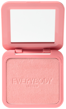 Rozświetlający róż Everybody London Coral Pearl w otwartym różowym kompakcie z lusterkiem, widok z góry.