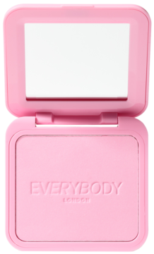 Everybody London satynowy róż w kamieniu, otwarty, jasnoróżowy, z lusterkiem. Widok z góry na puder z napisem.