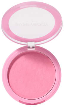 Otwarty, okrągły kompakt Everybody London True Pink różu w kremie, jedwabisty jasnoróżowy odcień, widok z góry.