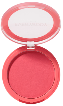 Otwarte okrągłe opakowanie różu w kremie Everybody London Vivid Rose w intensywnym koralowym odcieniu, widok z góry.