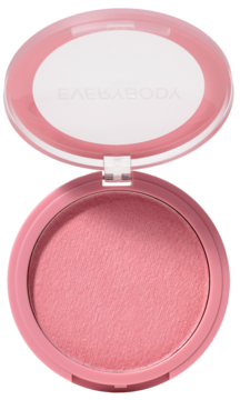 Otwarty róż w kremie Everybody London Mauve Rose w okrągłym, różowym kompakcie, z widocznym pudrem.