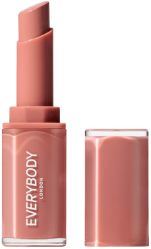 Otwarta nawilżająca pomadka Everybody London Plumping Lipstick, odcień Pink Beige, widoczny sztyft i nakrętka.