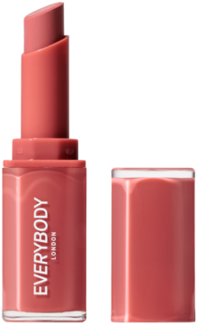 Plumping Lipstick Dusty Rose Everybody London, otwarty, ze skośnie ściętą pomadką i odłożoną nakrętką.