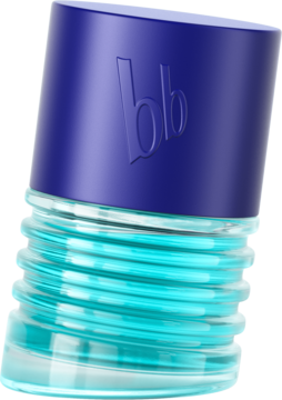 Woda perfumowana Bruno Banani Energy, niebieska butelka z falistą teksturą, przechylona, z ciemnoniebieską nakrętką i logo 'bb'.