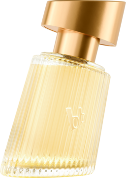 Bruno Banani Vanilla Muse, damska woda perfumowana. Butelka z pionowymi żłobieniami, złoty korek, jasnożółty płyn, ujęcie pod kątem.