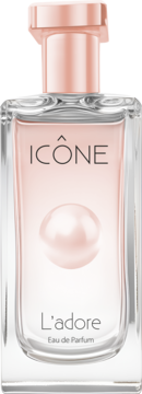 Woda perfumowana ICÔNE L'adore w szklanej butelce z różowym płynem, perłą i różową nakrętką, widok frontalny.