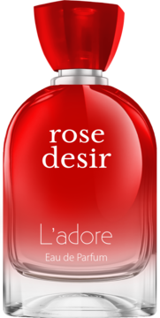 Perfuma rose desir L'adore Eau de Parfum, czerwona szklana butelka o okrągłym kształcie, widok z przodu.