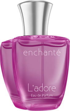 Fioletowy perfum Enchanté L'adore Eau de Parfum w lśniącej szklanej butelce ze srebrną zakrętką, widok z przodu.