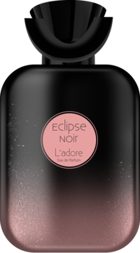 Perfumy Eclipse NOIR L'adore Eau de Parfum w czarnej matowej butelce z różowym brokatem, widok z przodu.