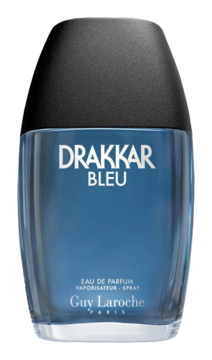 Męska woda perfumowana Guy Laroche Drakkar Bleu, niebieska butelka EDP z czarnym korkiem, widok z przodu.